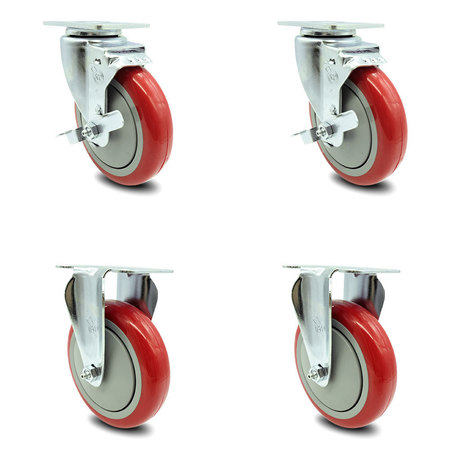 SERVICE CASTER 5 Inch Red Polyurethane Wheel Swivel Top Plate Caster Set with 2 Brake 2 Rigid SCC-20S514-PPUB-RED-TLB-TP3-2-R-2
